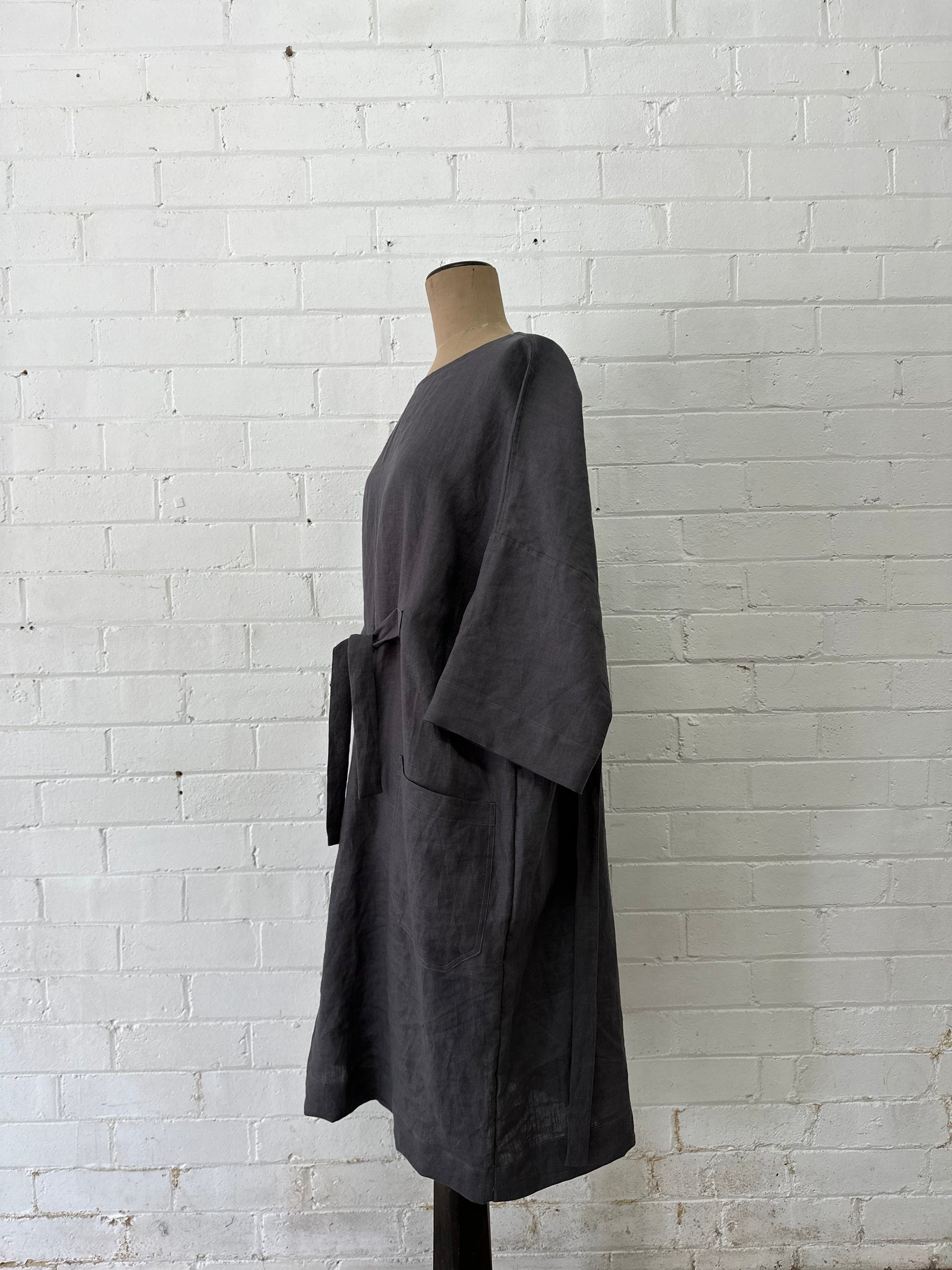 Emily - Sash Dress - Charcoal Linen