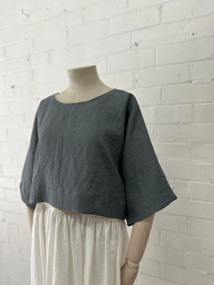 Leia Top - Cropped in Blue/Green Grey Linen