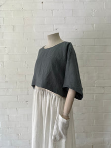 Leia Top - Cropped in Blue/Green Grey Linen