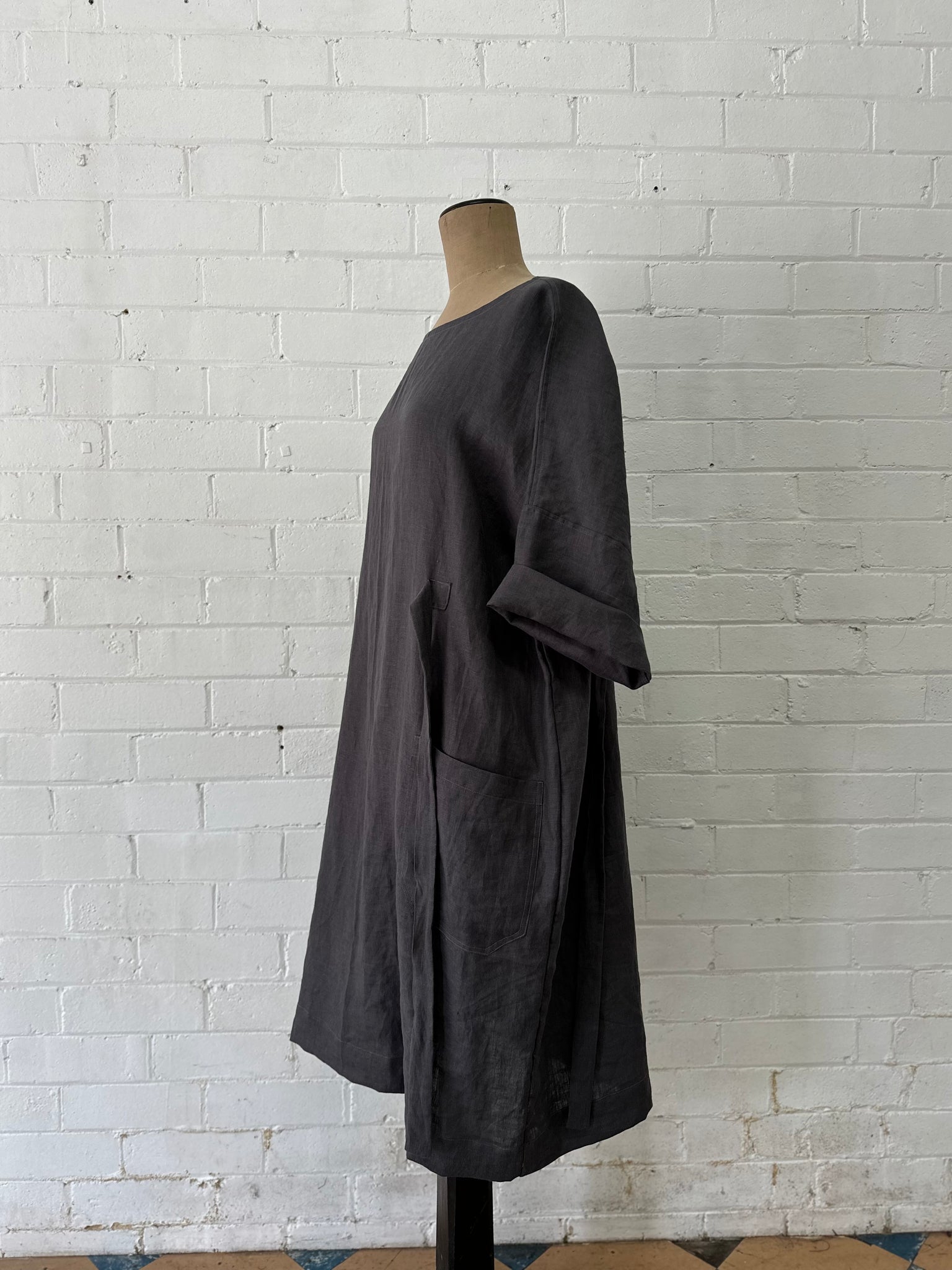 Emily - Sash Dress - Charcoal Linen