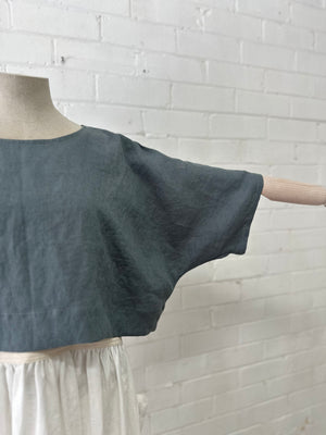 Leia Top - Cropped in Blue/Green Grey Linen