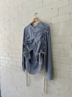 Blue Pinstripe Gather Top - Sloe Upcycle
