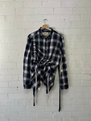 Sloe - Blue Check Open Back Gather Top - Upcycle