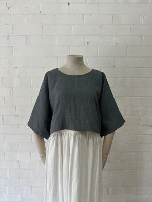 Leia Top - Cropped in Blue/Green Grey Linen