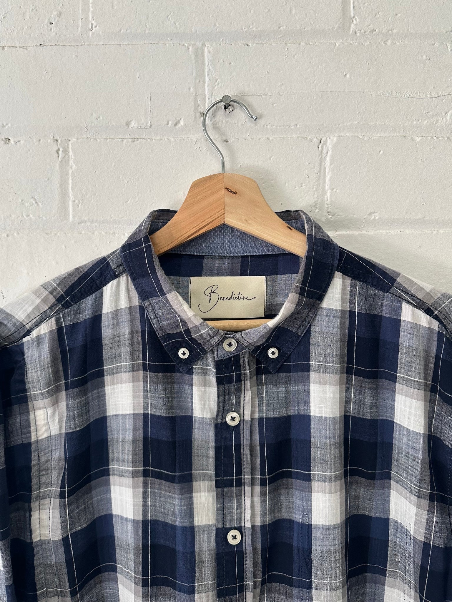 Sloe - Blue Check Open Back Gather Top - Upcycle