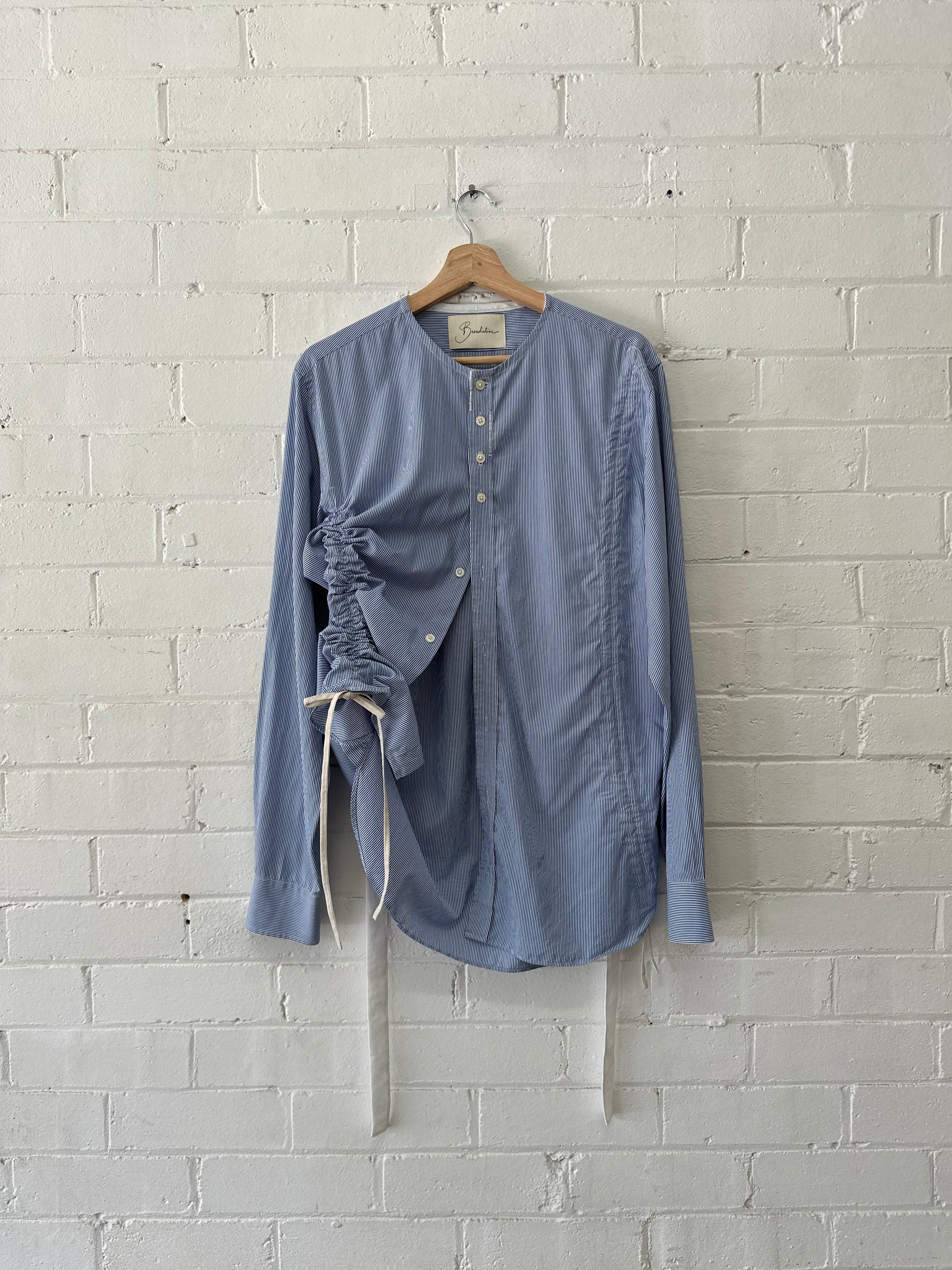 Blue Pinstripe Gather Top - Sloe Upcycle