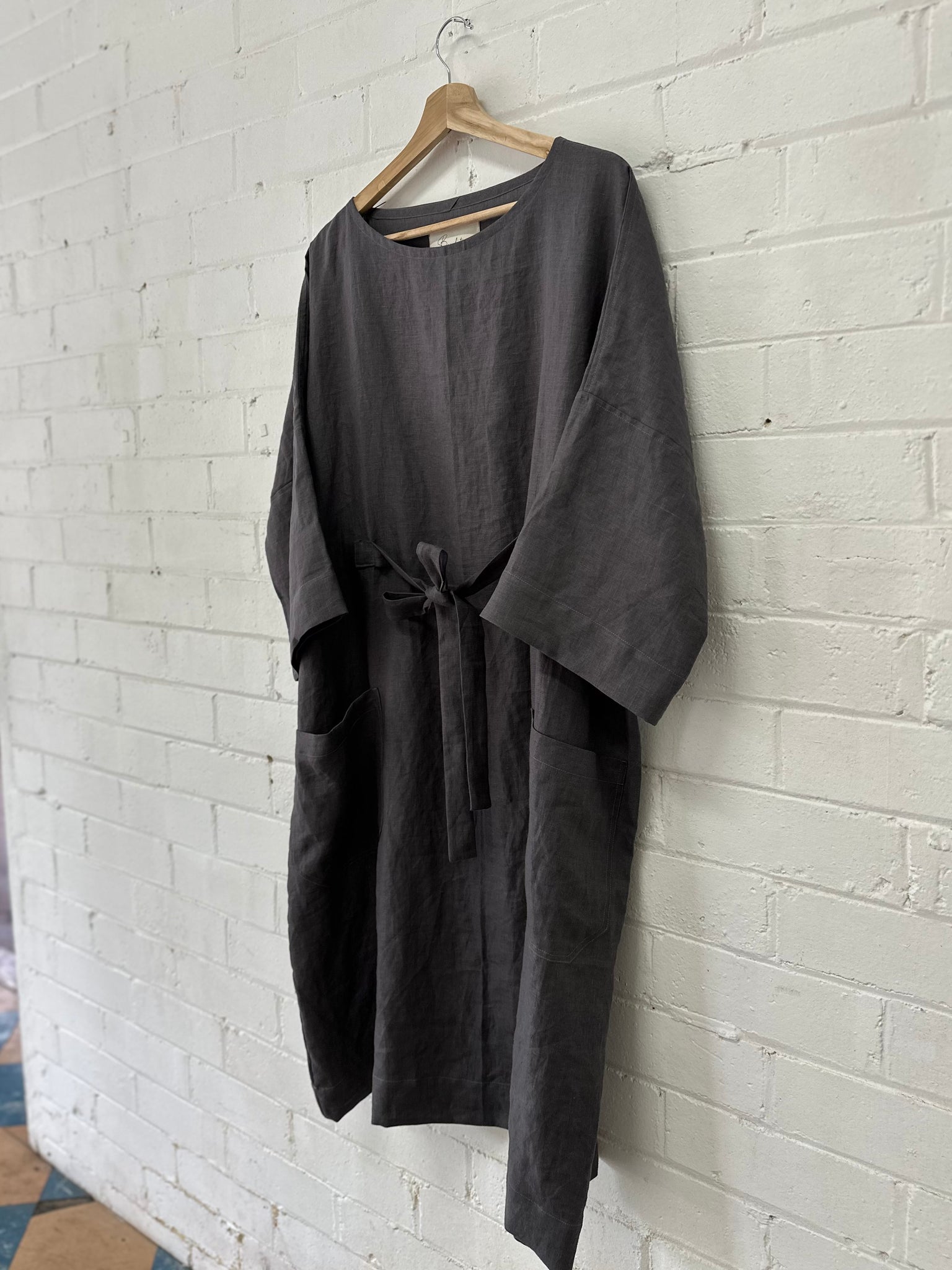 Emily - Sash Dress - Charcoal Linen