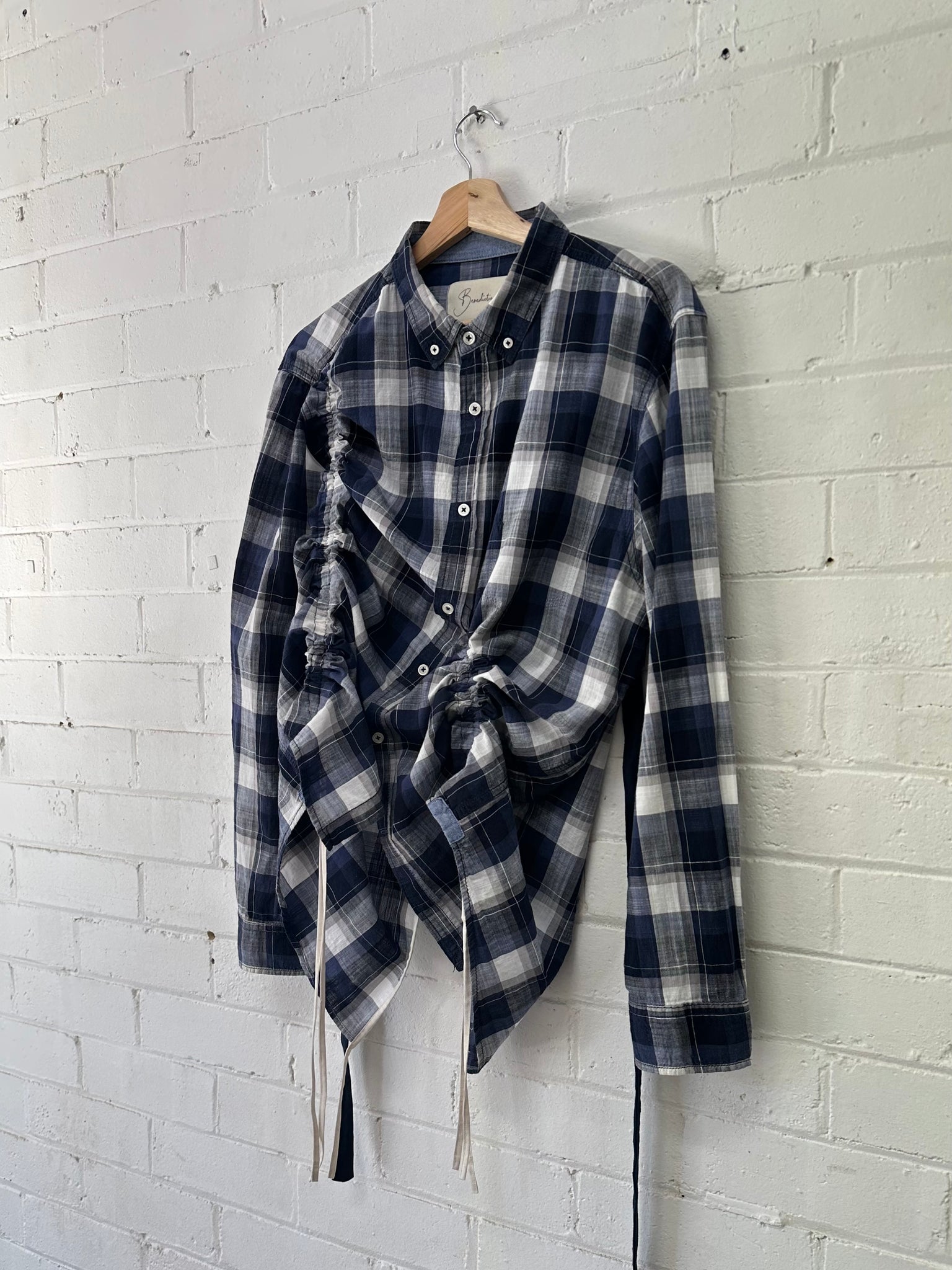 Sloe - Blue Check Open Back Gather Top - Upcycle