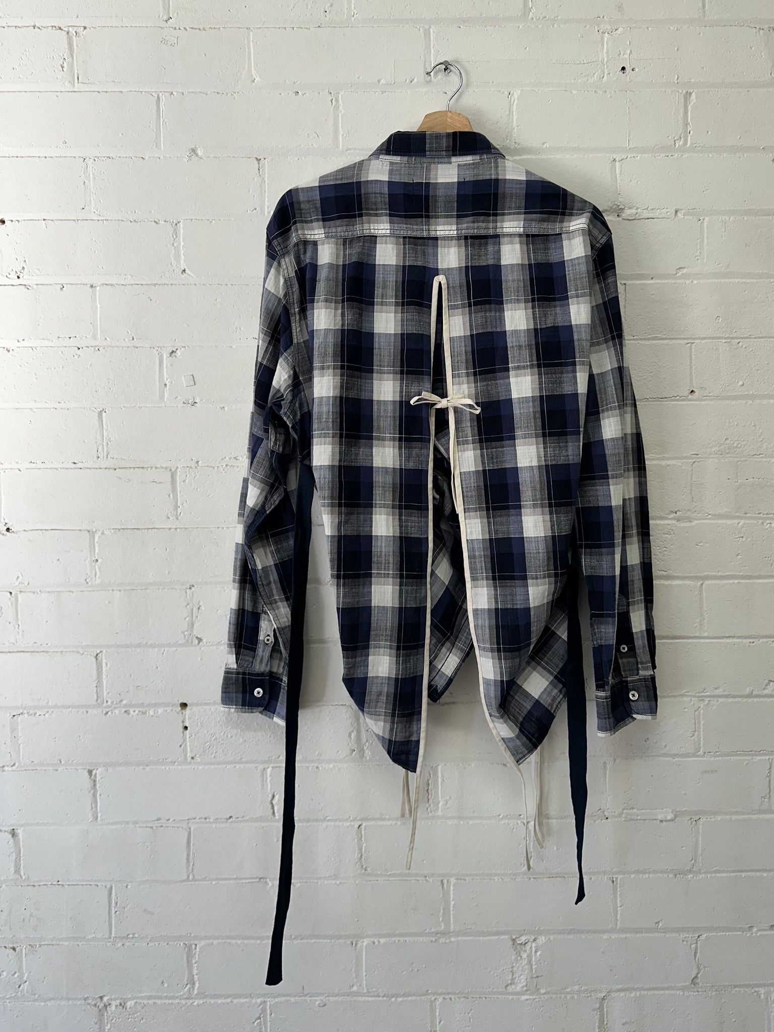 Sloe - Blue Check Open Back Gather Top - Upcycle