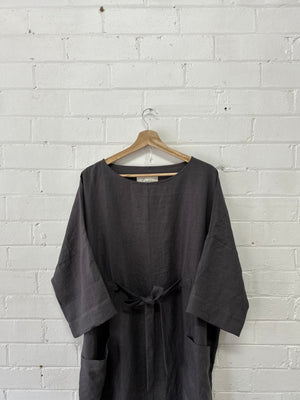 Emily - Sash Dress - Charcoal Linen