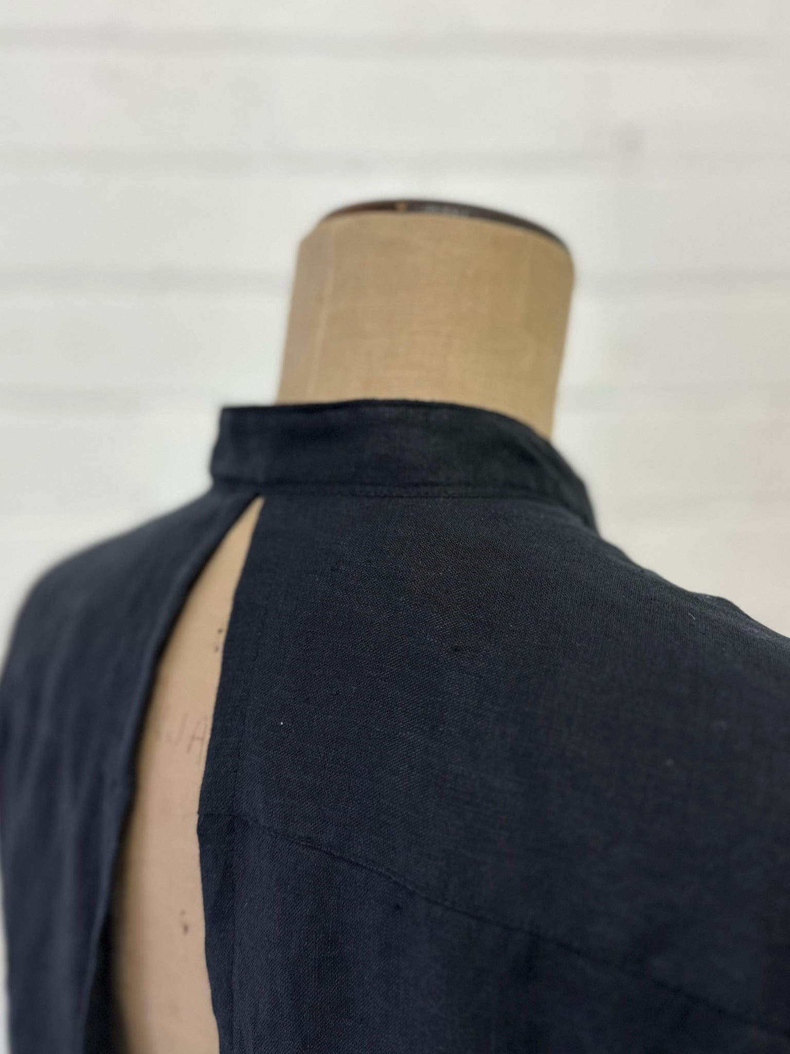 Sloe - Black Linen Stand Collar Gather Top - Upcycle